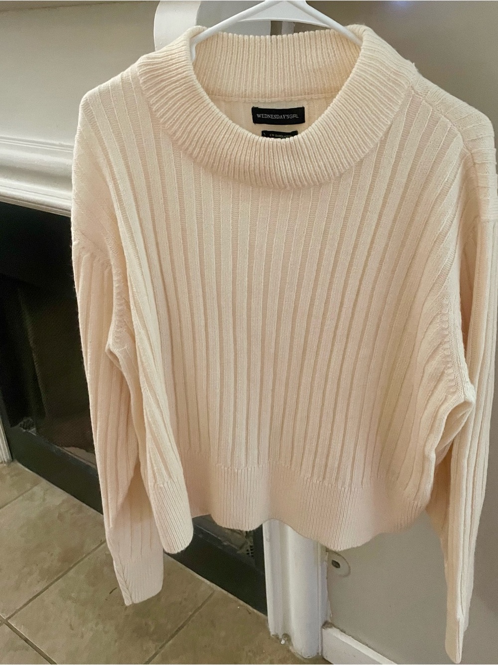 Weekendist Store Cream Ribbed Cowl Neck Sweater